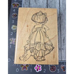 Art Impressions‎ Girl Dress Teddy Bear  T1518 Back Rubber Stamp Wood #P42